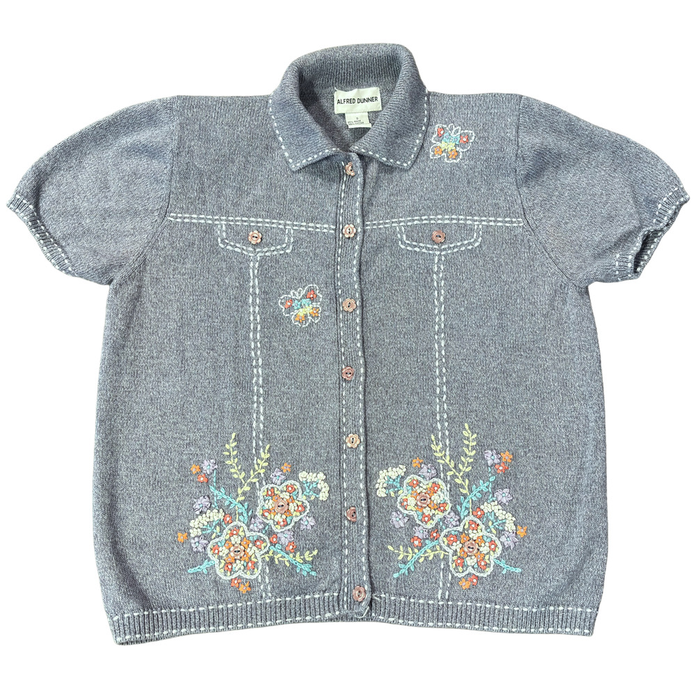 Alfred Dunner Floral Embroidered Cottagecore Knit Button Up Top Size Small